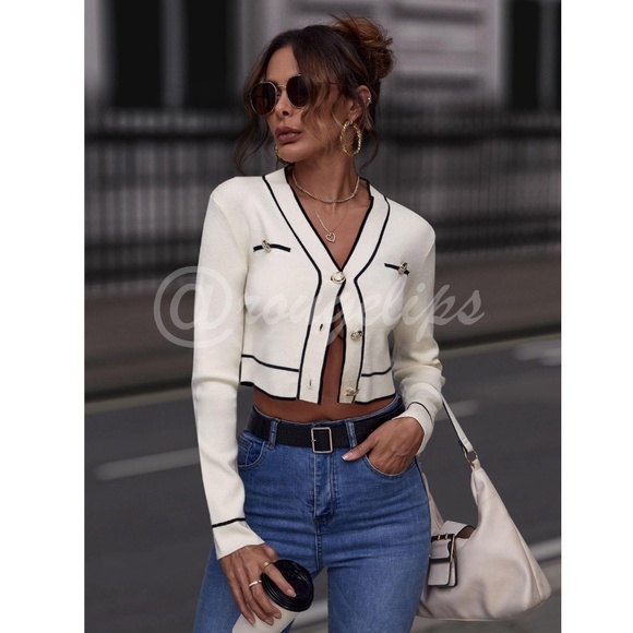 Off White Cropped Cardigan Contrast Black Binding Button Front Silver Buttons - Picture 5 of 7